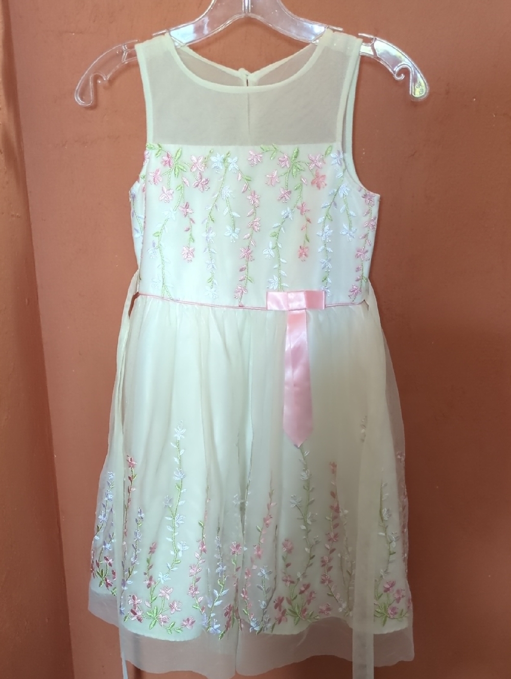 Jona Michelle Ivory Dress with Pink Ribbon and Floral Embroidery